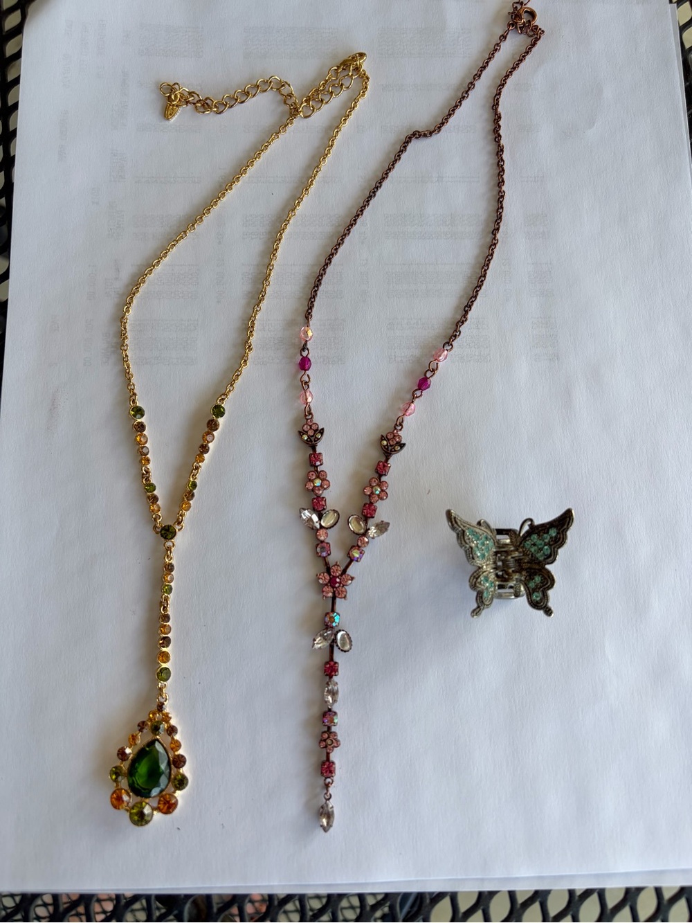 VCLM Gold/Green, Pink Crystal Y-style Necklaces and Butterfly hair clip